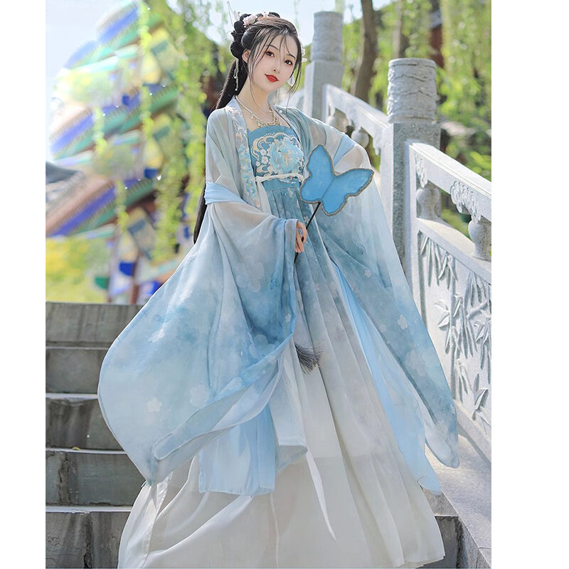 Vestido azul tradicional chinês para mulheres, Han Dynatsy Hanfu para menina, princesa, manga grande moderna, quimono, capa, tops bordados, saia