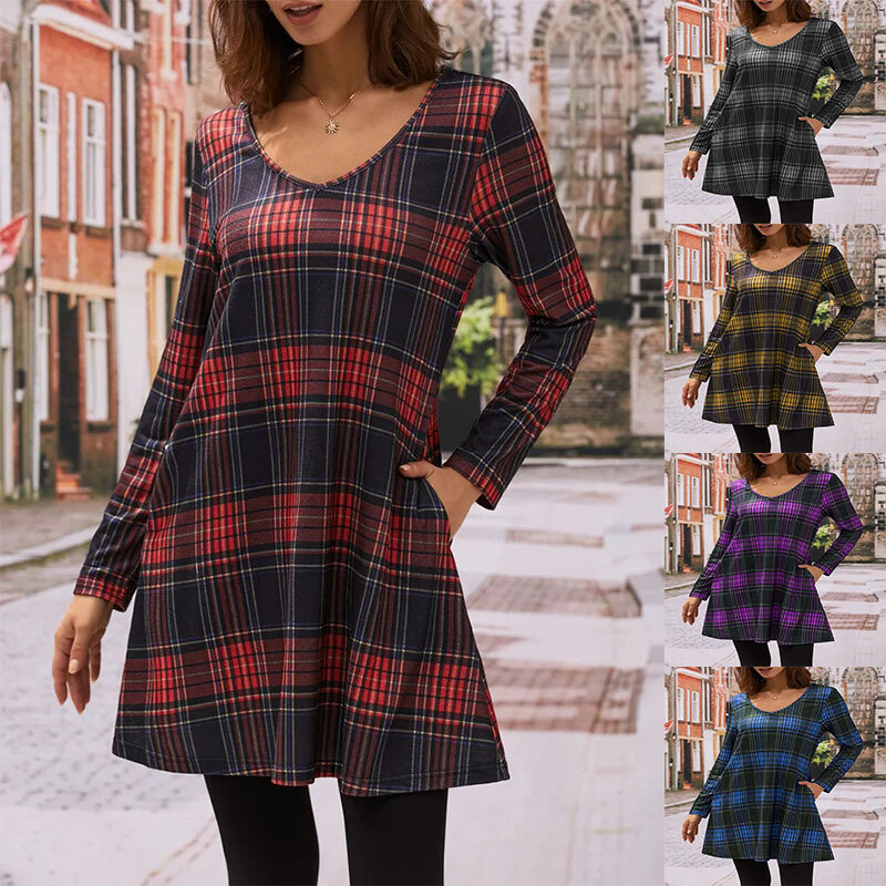 Vestido xadrez feminino com bolsos, manga comprida, vestido solto, saia na altura do joelho, casual, outono e inverno, nova moda, 2023