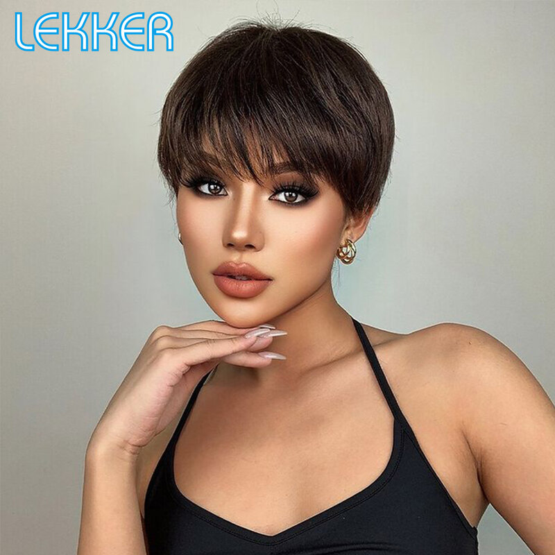 Lekker Wear and Go Short Pixie Cut Straight Bob Human Hair Wig With Bangs For Black Women Brazilian Remy Hair Natural Brown Wigs