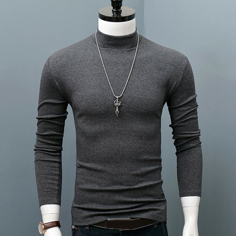 Kaus blus dasar polos leher tiruan pria, atasan pulover lengan panjang gaya luar ramping modis musim dingin