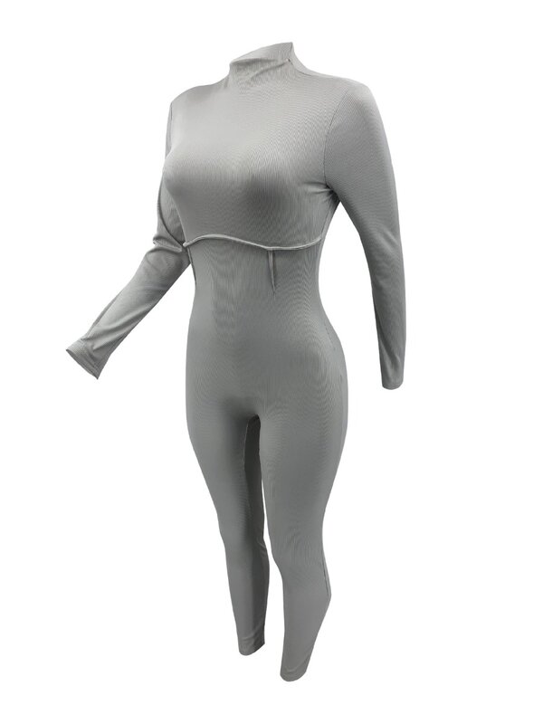 LW-Macacão feminino de gola alta, bainha com zíper magro, bodysuits elásticos em forma de corpo, macacão liso de manga longa, na moda