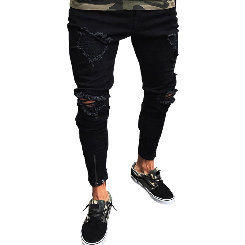 Man Pants Pants High Street Motorcycle Long Jeans Slight Stretch Slim Fit Small Leg Jeans Solid Color Breathable