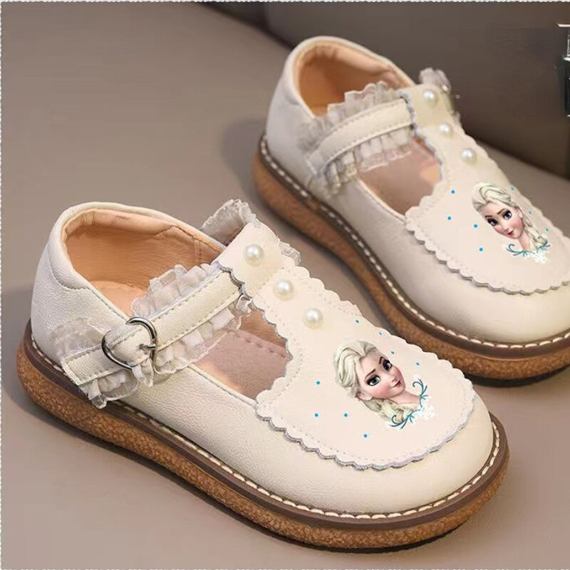 Disney Girls รองเท้า Lolita Soft Sole Princess Elsa Snow สีขาวรองเท้า Non-Slip Pu หนังหญิงรองเท้าแฟชั่นขนาด23-35