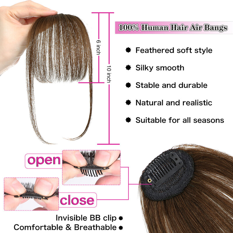 Clip de cabello humano con flequillo de aire para mujer, extensiones de cabello Natural, flequillo