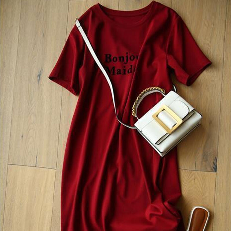 Vestido Midi de línea a coreano para mujer, ropa de viaje, estampado de letras, básico, cuello redondo, informal, manga corta, verano, nuevo