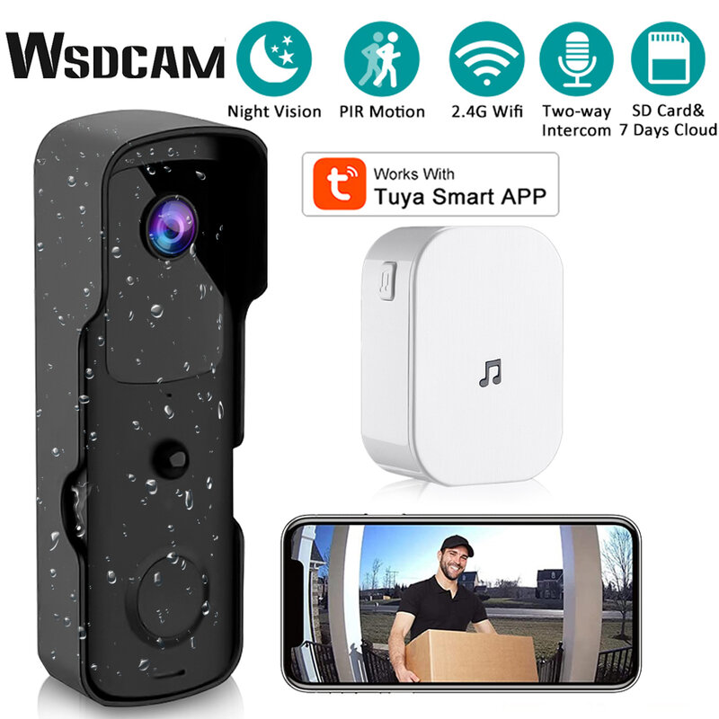 Wsdcam สมาร์ท Tuya กริ่งประตู Wi-Fi กล้องวิดีโอไร้สาย1080P HD กริ่งประตูการมองเห็นได้ในเวลากลางคืนภาพความปลอดภัยในบ้านกล้อง