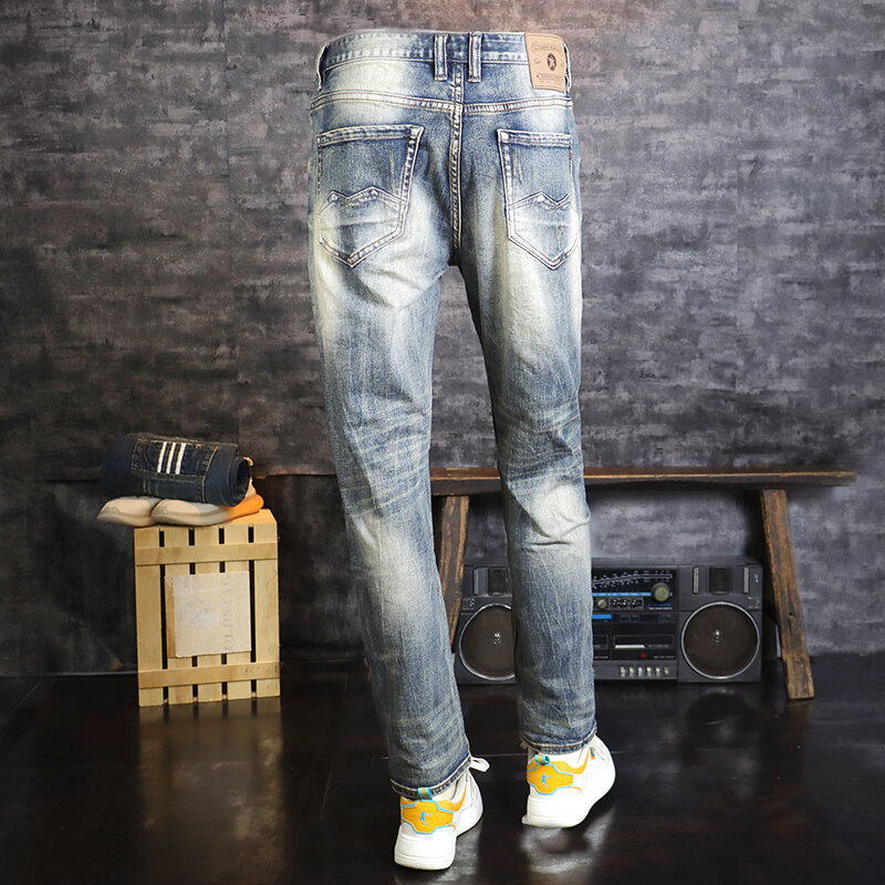 Pantalones vaqueros rasgados elásticos de alta calidad para Hombre, Jeans de moda Retro azul, pantalones de mezclilla informales Vintage, nuevo diseñador