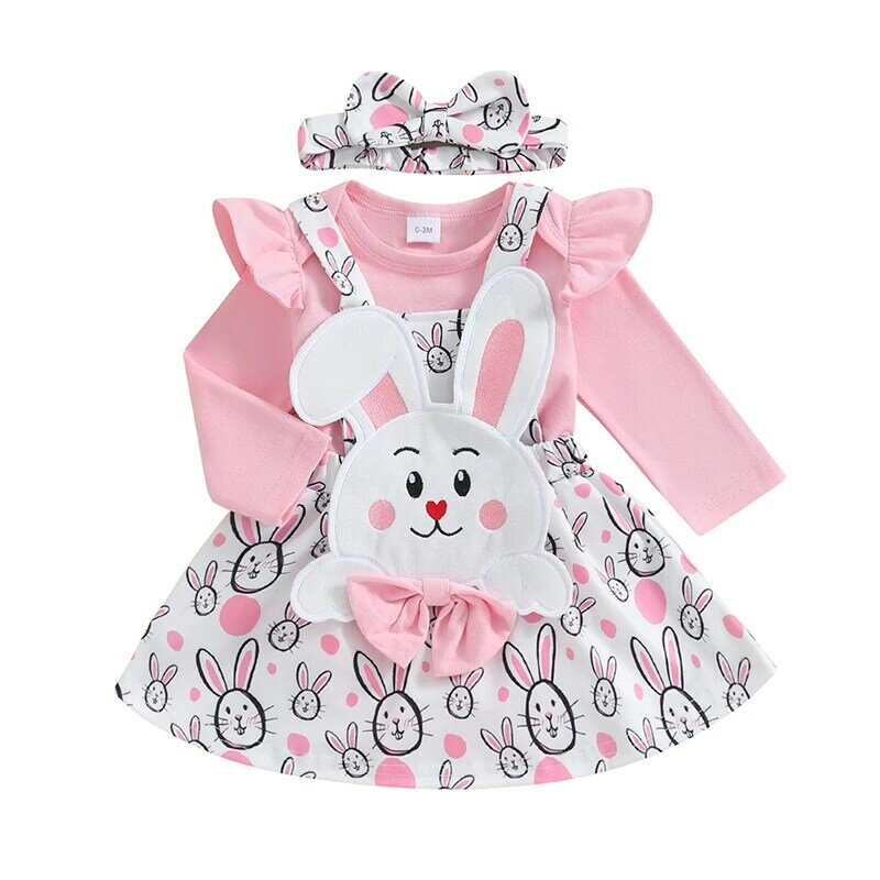 Carolilly Baby Girl Easter Outfit Ruffle Long Sleeves Romper with Bunny Suspender Skirt and Headband