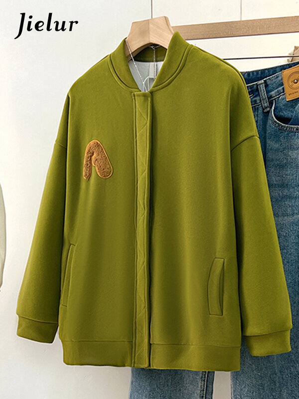 Jielur Новые винтажные зеленые шикарные свободные женские куртки повседневные женские пальто на молнии с вышивкой и круглым вырезом и карманами в американском стиле, в стиле преппи