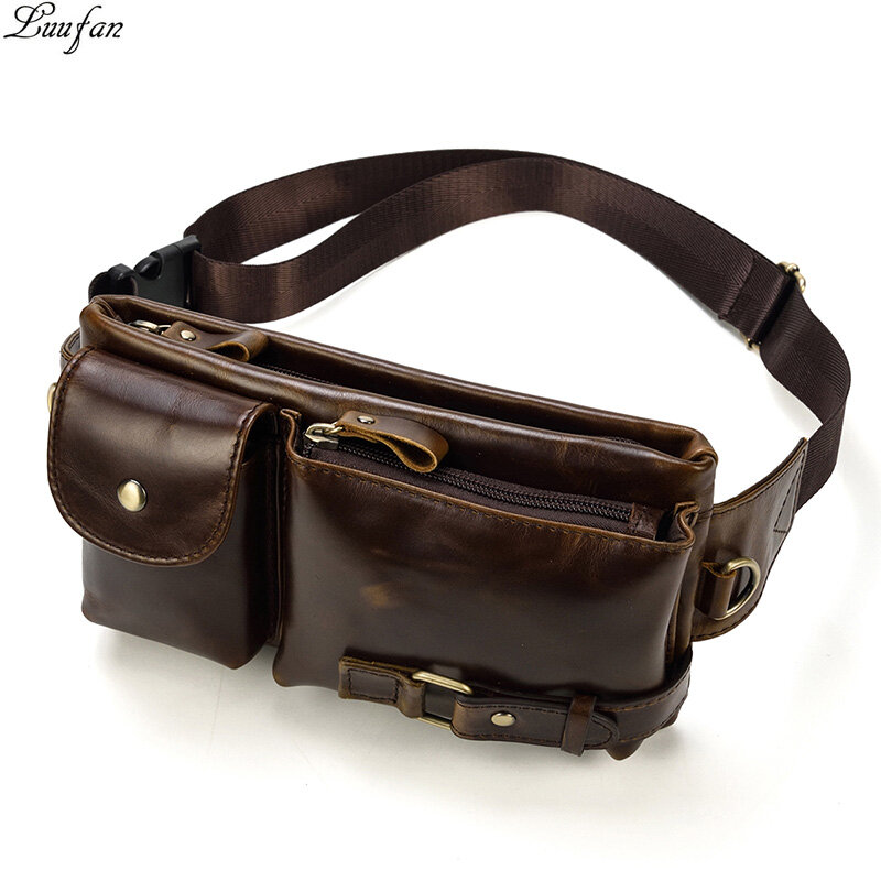 Cintura de couro genuíno para homens, Fanny Pack casual, bolsa para cinto, bolsa para telefone, bolsa esportiva pequena, bolsa de peito para motociclista