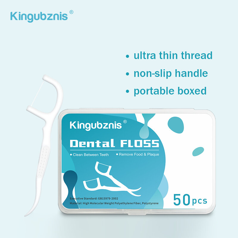 Kingubznis-ไหมขัดฟัน, ไม้จิ้มฟันพลาสติกพร้อมด้าย, ไหมขัดฟันนุ่ม, ผ้าไหมยืดหยุ่นพร้อมแท่ง, บางพิเศษ, 50ชิ้น