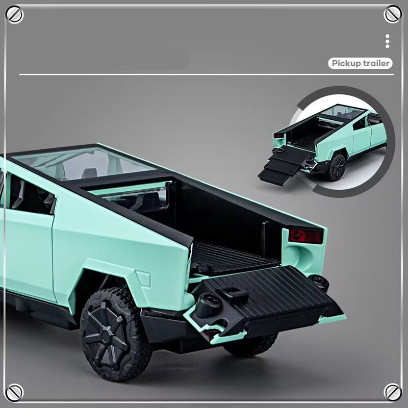 1/32 Tesla Cybertruck Pickup Trailer aluminiowy Model samochodu Diecasts metalowa zabawka pojazdy terenowe Model ciężarówki dźwięk i światło prezenty dla dzieci
