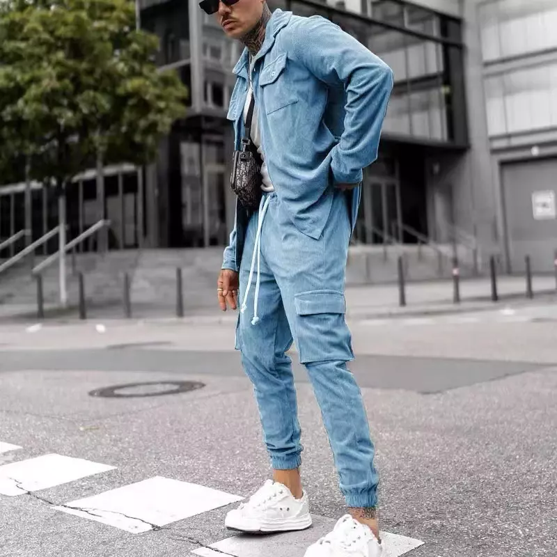 2024 nowy Trend w stylu Casual Streetwear Man zestawy dwuczęściowe moda luźne spodnie Cargo stroje męskie Vintage jednolity kolor, długi płaszcz z rękawami garnitur