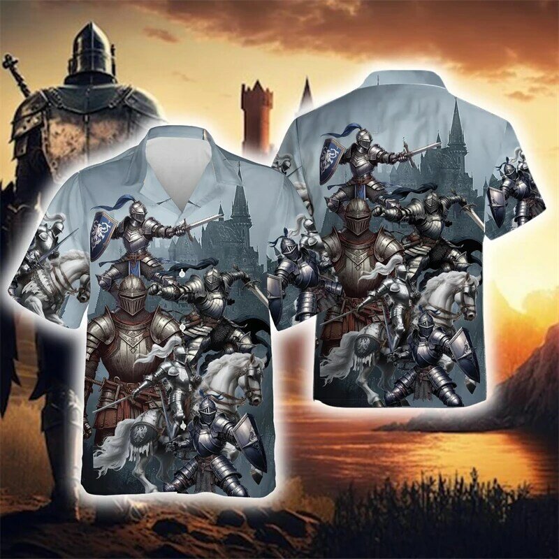 Гавайские рубашки средневековых рыцарей для мужчин и женщин, мужские модные рубашки с короткими рукавами, рубашки с пуговицами, верх с защитой рыцаря