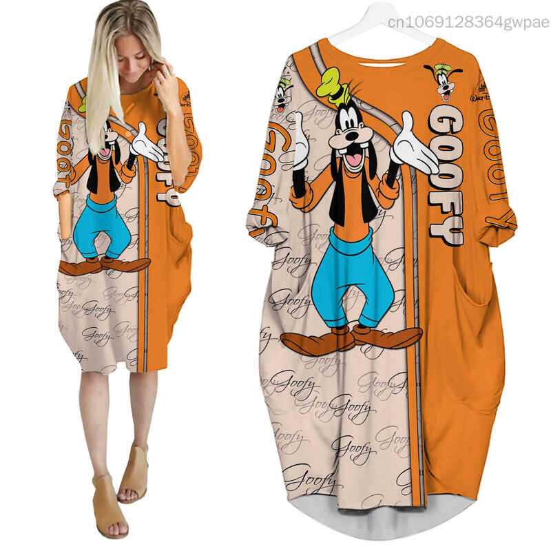 Disney Goofy Oversize Long Sleeves Pocket Dress Disney Cartoon Batwing Pocket Dress Women's Fashion Versatile Loose Party Dress