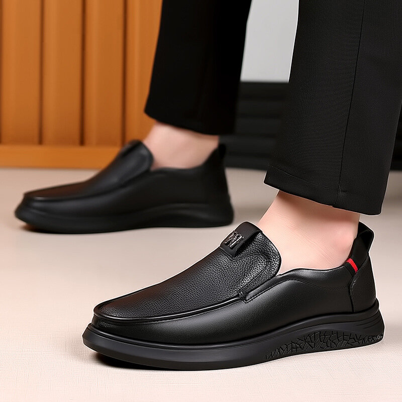 Zapatos de cuero genuino para hombre, mocasines formales sin cordones, informales, de negocios, de lujo, color negro