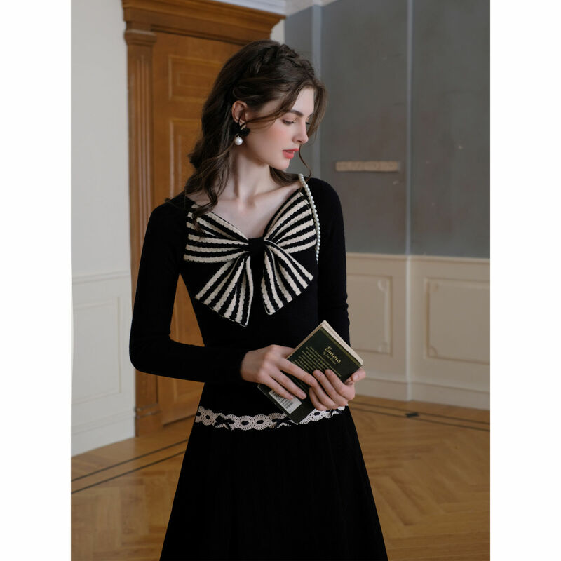 GOGO − Robe noire imbibée pour femmes, avec grand nœud, col en V, manches longues, taille haute, slim, automne hiver 2024