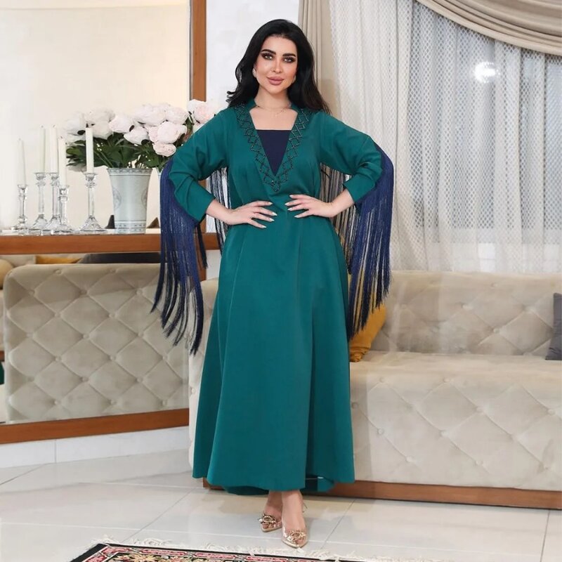 Vestido Árabe de Dubai para mujer, Abayas musulmanas de manga larga con borlas, vestidos musulmanes de diamantes, bata informal para mujer