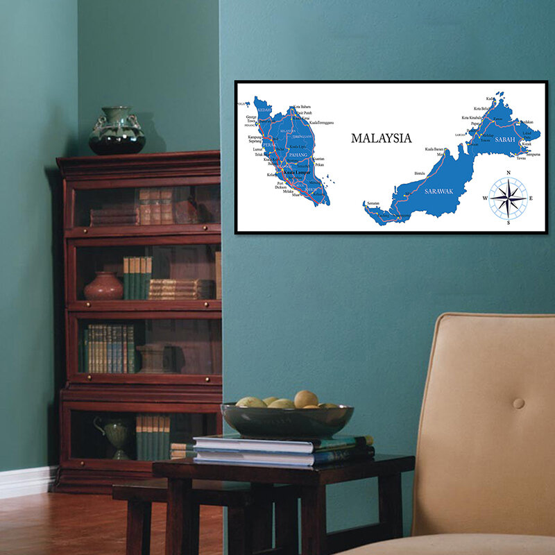 120*60cm a malásia mapa administrativo em inglês arte da parede cartaz e impressão sem moldura pintura em tela sala de estar decoração casa