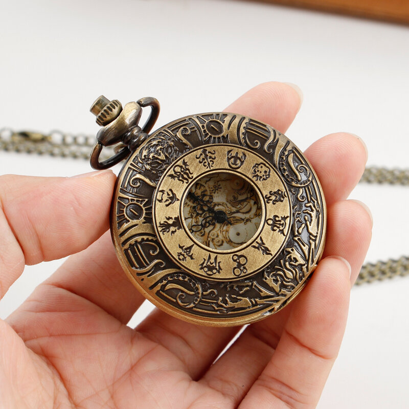 Twelve Zodiac themed Bronze Quartz Pocket Watch Antique Vintage Pendant Jewelry Necklace With Chain Gifts For Men Women Friends