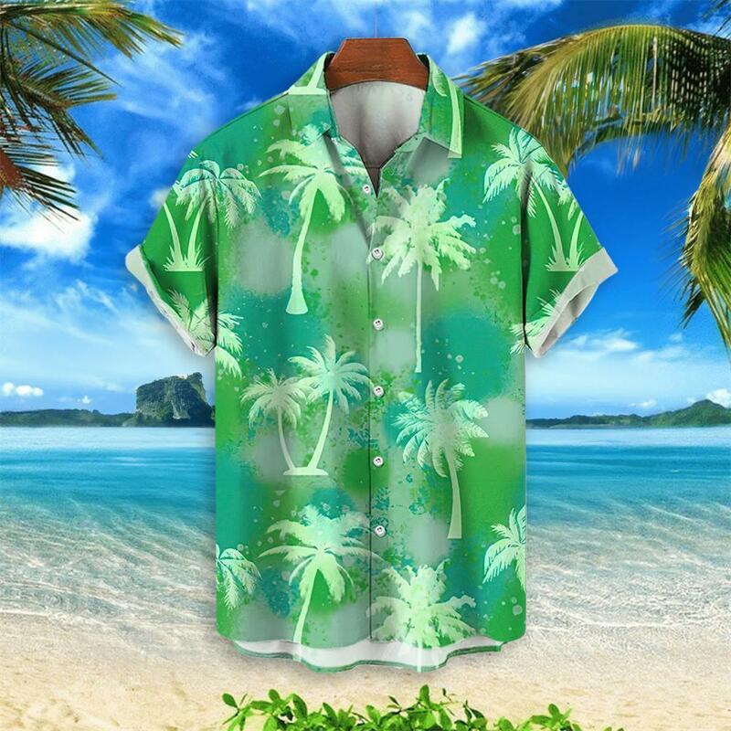 Camisa havaiana de manga curta masculina, top de coqueiro, roupa de festa, moda casual, verão, 2024