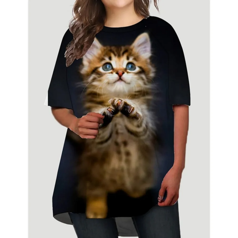 Fashion women's T-shirt top 3D printed cute cat pattern loose street clothing O-neck clothing short sleeved women's T-shirt