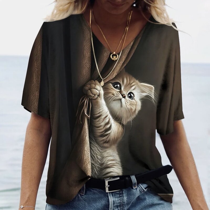 Women's T-shirt The Cat Pulling The Necklace  Print  Niche Design Harajuku Casual Short Sleeved Top Plus Size Women's Clothing