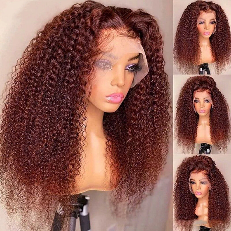 Reddish Brown Jerry Curly 13x4 Lace Front Wig 250%Remy Human Hair Wigs 13x6 Kinky Curly Glueless HD Transparent Lace Frontal Wig