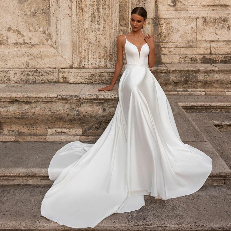 Gaun pernikahan putih sederhana gaun pengantin tali Spaghetti A-Line gaun pengantin seksi leher-v rendah berenda pita menyapu 2024 kereta