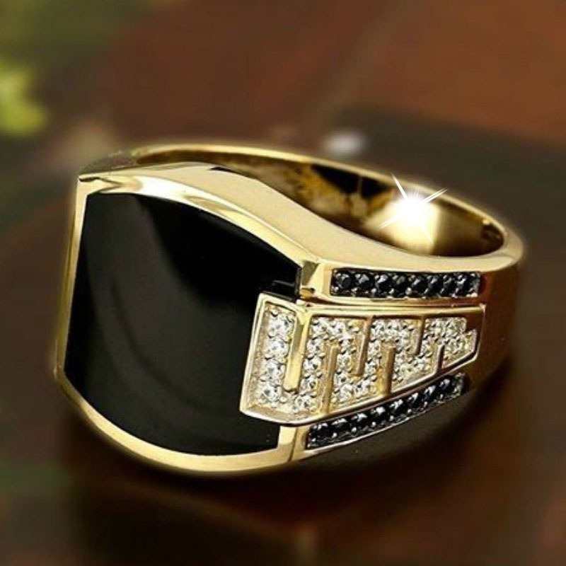 Anel clássico masculino moda metal ouro cor incrustada preto pedra zircon punk anéis para homem noivado casamento jóias de luxo