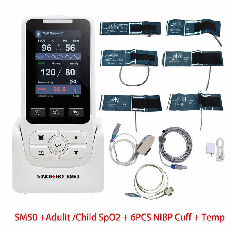 Monitor portátil multiparámetros para pacientes, dispositivo de medición de señales vitales para UCI, hogar, Hospital, con manguito BP de 6 piezas, 2 piezas, SPO2, 1 piezas de sonda de temperatura, SM50