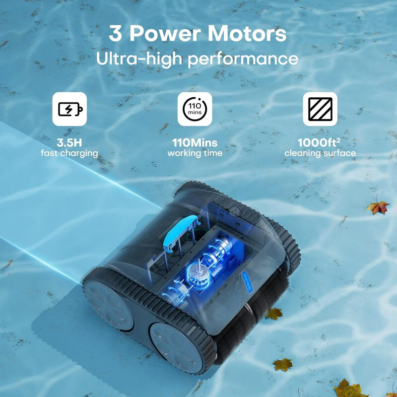 Robot nettoyeur de piscine avec navigation intelligente, nettoyeur de piscine encastrable, aspirateur de piscine murale, récurage à 3 moteurs, jusqu'à 50 pieds