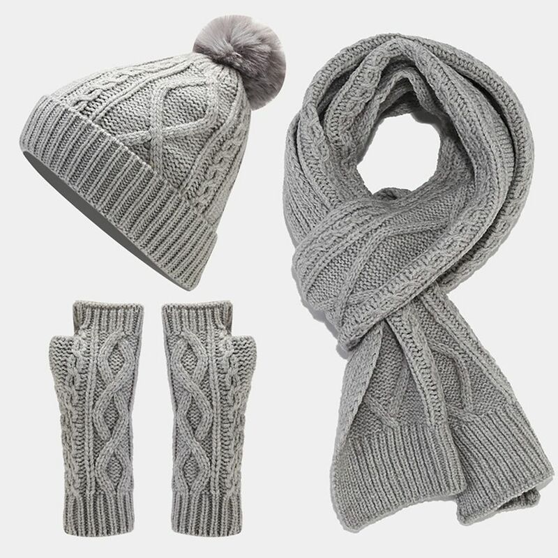 Conjunto de guantes de bufanda y sombrero para mujer, gorro de punto de Color sólido, elástico, guantes de muñeca, Invierno