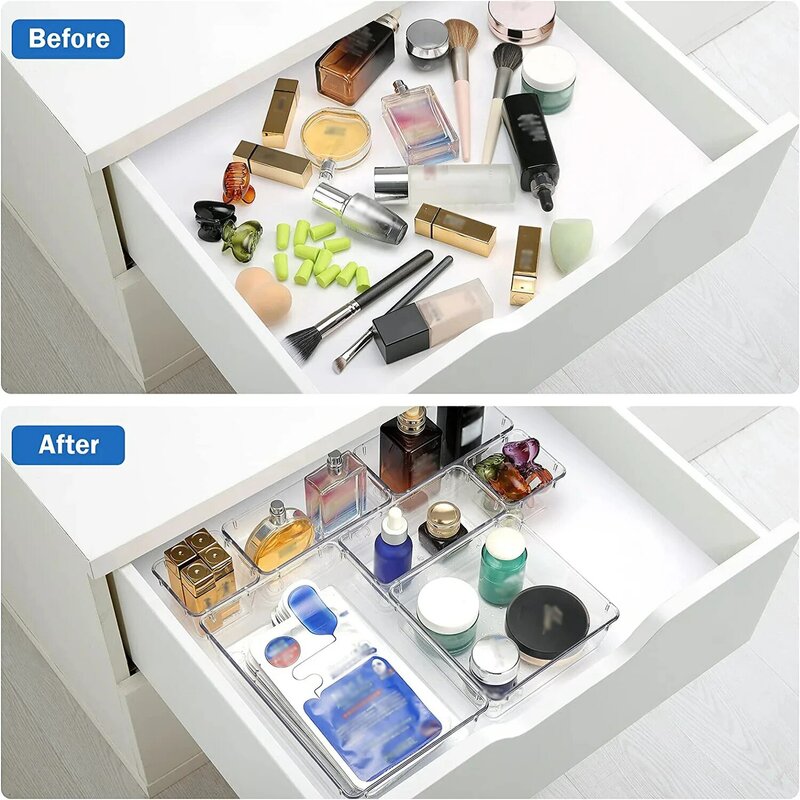 7/14 Pcs Drawer Organizers Set Clear Plastic Desk Dividers Bins Bedroom Dresser Office Storage Box for Makeup Jewelries Gadgets
