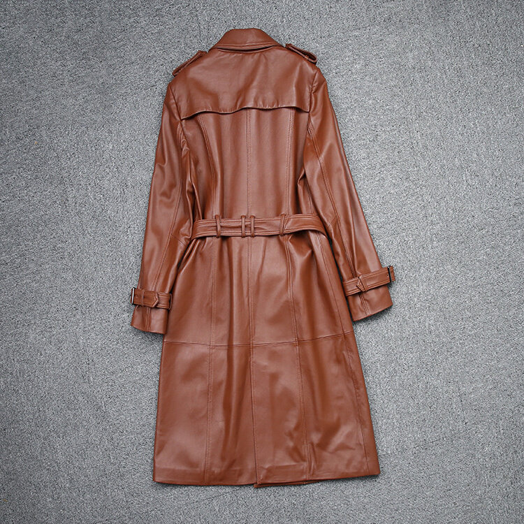 2024Autumn and winter  new product leather sheepskin double breasted belt lapel long sleeve casual long windbreaker coat leather