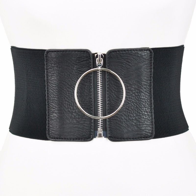 Women's Dress Super Wide Belt  Large Metal Ring Black   Elastic   Women  Fashion for