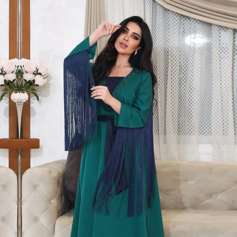 Vestido de emenda de borlas longas feminino com cinto, abaya solta, vestido diamante com decote em v, Eid, Kaftan muçulmano, Dubai, árabe, moda