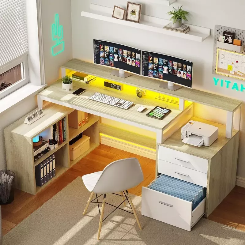Escritorio en forma de L con tomas de corriente y luces LED y archivador, escritorio de computadora de 65 ", escritorio de esquina, escritorio de oficina en casa con soporte para Monitor