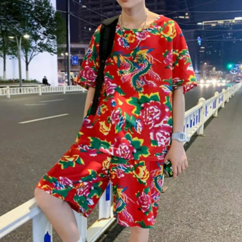 Strój odprowadzający wilgoć w chiński etniczny stylu męski strój z kwiatowym nadrukiem zestaw z okrągłym dekoltem z krótkim rękawem szeroko nogawkowe szorty dla