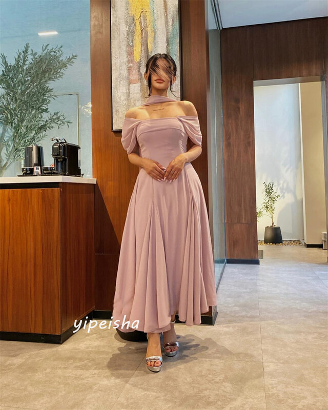 Prom Dress Saudi Arabia Casual Simple Formal Evening Off The Shoulder A-line Draped Ankle-Length Satin Bespoke Occasion Dresses