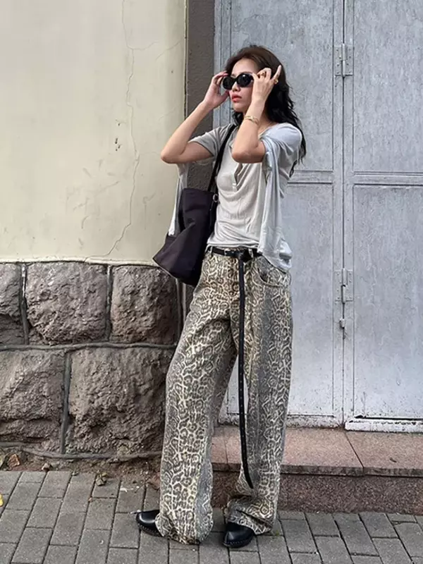 Frauen hoch taillierte Jeans Leopard koreanischen Stil lässig y2k Retro Harajuku gerade Baggy Pants heiße Retro Hose Streetwear