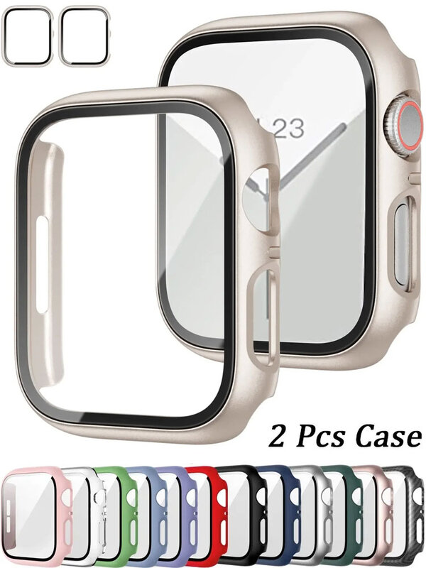 2 Stuks Gehard Glas + Hoes Voor Apple Watch 9 8 44Mm 40Mm 42Mm 41Mm 45Mm Pc Bumper Schermbeschermer Hoesje Iwatch Serie 7 6 5 3 Se
