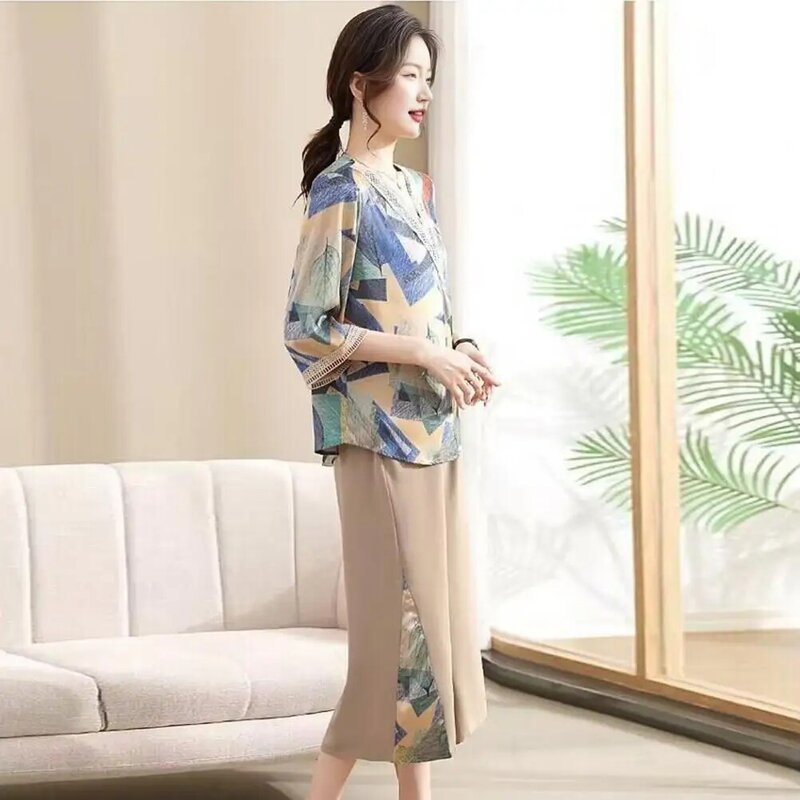 Hollow Out Blouse Mid-aged Women's Leaf Print T-shirt Trousers Set Stylish V Neck Hollow Out Top with Wide Leg Cropped for Daily