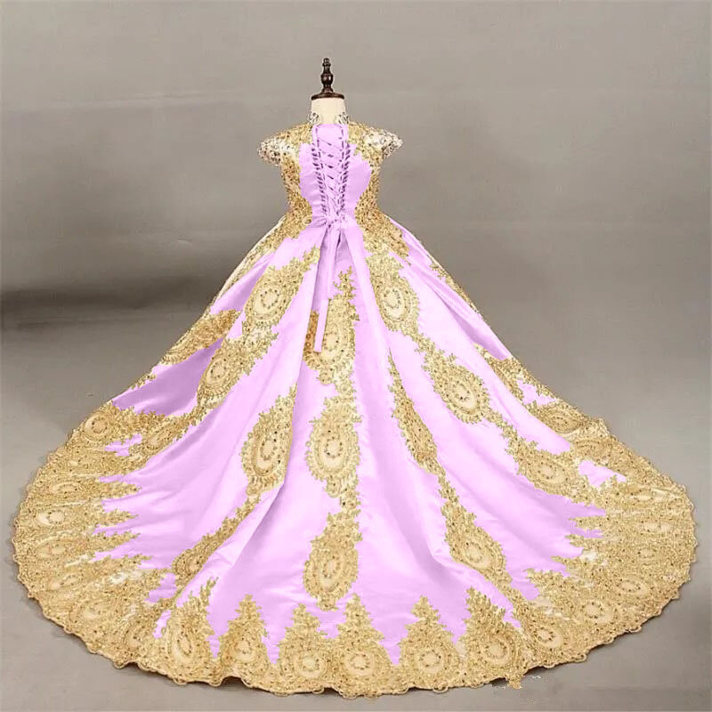 Wspaniałe królewskie niebieskie sukienki dla dziewczynek złote koraliki na suknię ślubną bez rękawów koronkowe aplikacje sukienki komunijne
