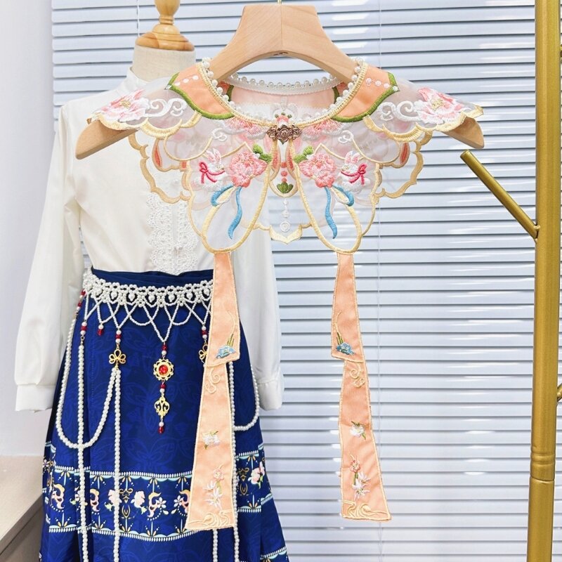 Traje antiguo tradicional bordado con cuello falso para niña, hombro nube, envío directo