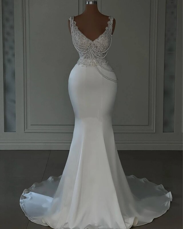 Neue Luxus Brautkleid V-Ausschnitt Perlen Perlen Spitze Applikationen Meerjungfrau Satin Brautkleid bodenlangen 2024 Hochzeits feier Kleid