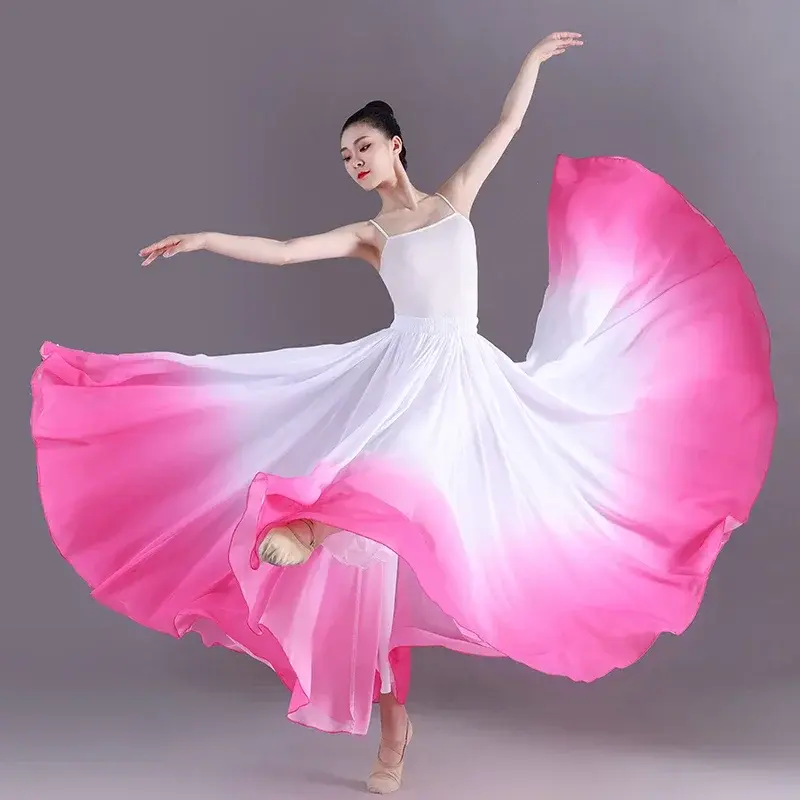 Saia elegante de balé gradiente para mulheres, chiffon, esvoaçante, longa roupa dançante clássica, saia de performance, 360 graus