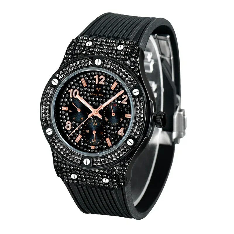 Free Dropshipping Mens Watches Top Brand Luxury Diamond Fashion Quartz Watch Men Waterproof Black Rubber Sport Wristwatch XFCS