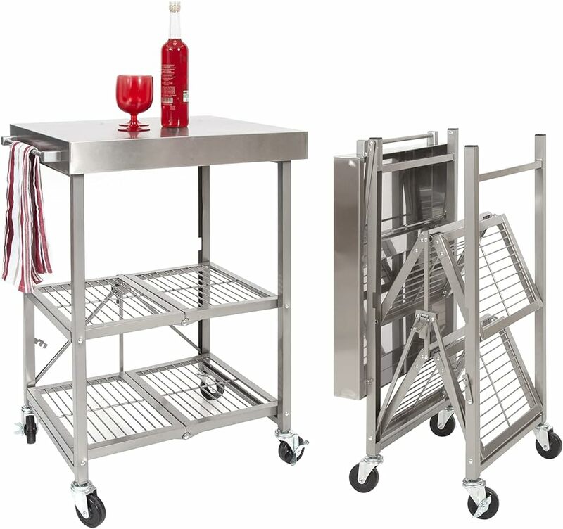 Stainless Steel Table with Wheels, 3-Tier Foldable Rolling Cart Made of Commercial-Grade Metal - Stainless Steel Kitchen
