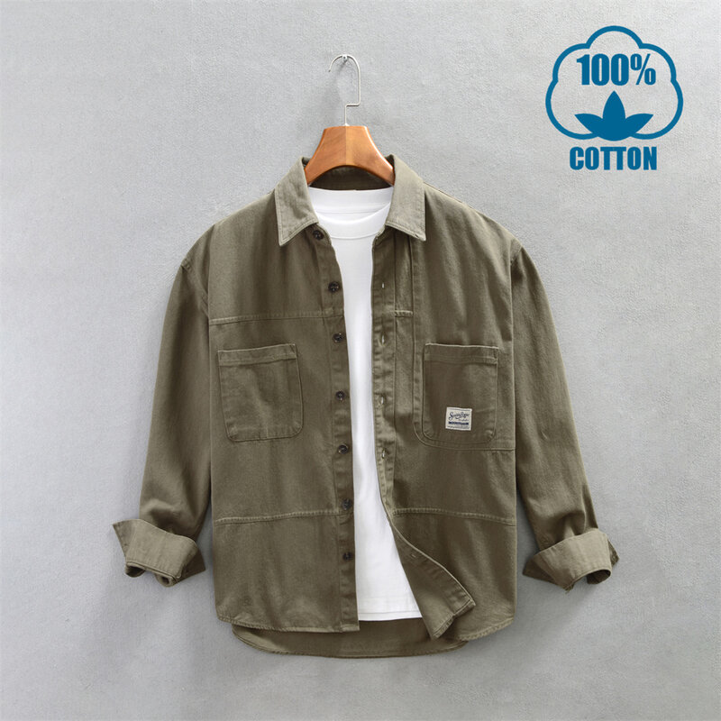 Camisa cargueira vintage multi bolso masculina, blusa de manga comprida, tops diários soltos, monocromática 100% algodão, moda inverno outono